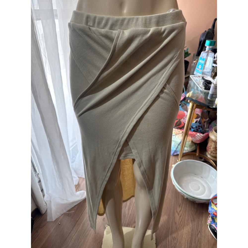 Sabo Skirt Beige Ribbed Knit Wrap Front High Low Maxi Skirt Womens Medium